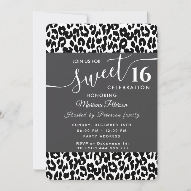 Trendy black white leopard sweet 16  invitation (Front)