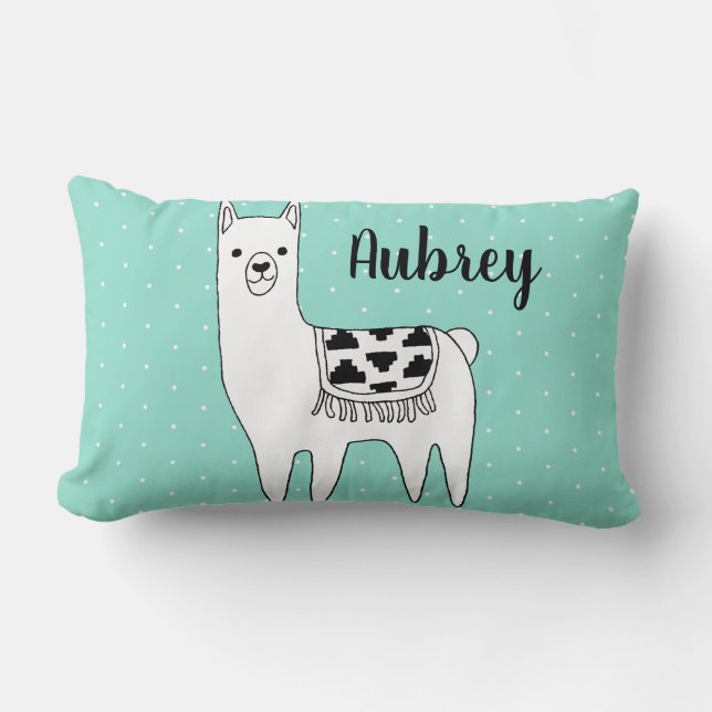 Trendy Black & White Llama & Swiss Dots in Mint Lumbar Pillow (Front)