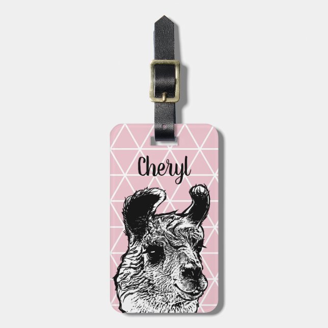 Trendy Black & White Llama Triangles Luggage Tag (Front Vertical)