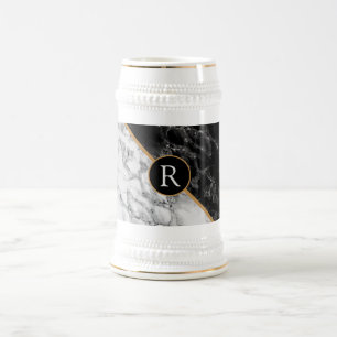 Trendy Black & White Marble Stone -Add Letter/Year Beer Stein