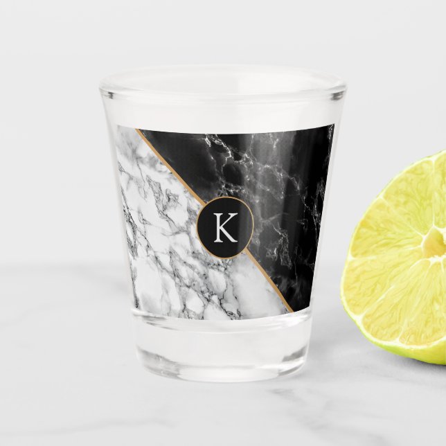 Trendy Black & White Marble Stone -Add Letter/Year Shot Glass (Front)