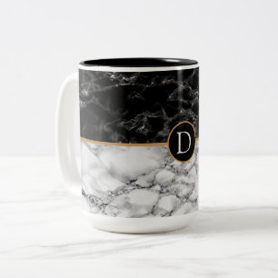 Trendy Black & White Marble Stone Add Letter/Year Two-Tone Coffee Mug
