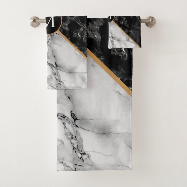 Trendy Black & White Marble Stone -Add Your Letter Bath Towel Set (Insitu)