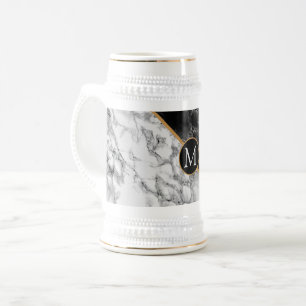 Trendy Black & White Marble Stone -Add Your Letter Beer Stein