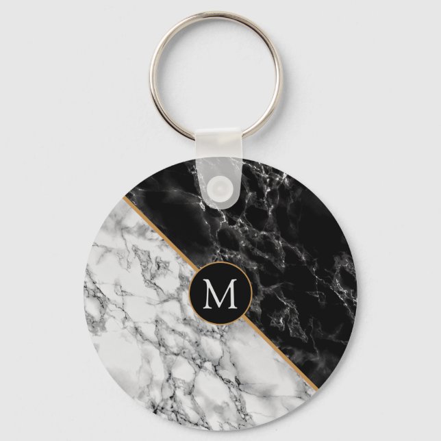 Trendy Black & White Marble Stone -Add Your Letter Keychain (Front)
