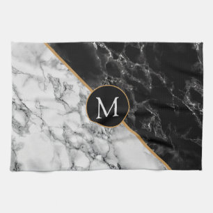 Trendy Black & White Marble Stone -Add Your Letter Kitchen Towel