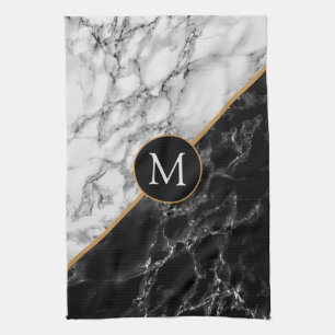 Trendy Black & White Marble Stone Add Your Letter Kitchen Towel