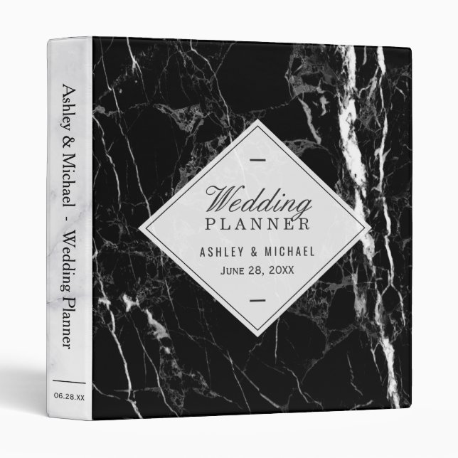 Trendy Black White Marble Texture Wedding Planner Binder (Front/Spine)