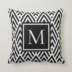 Trendy Black White Monogram Arrow Diamond Pattern Throw Pillow