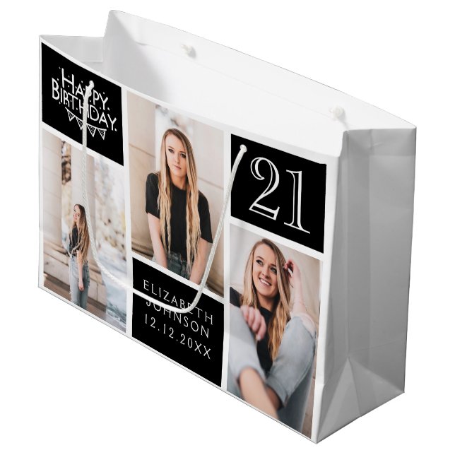 Trendy Black White Photo Collage 21st Birthday  Large Gift Bag (Front Angled)