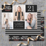 Trendy Black White Photo Collage 21st Birthday Wrapping Paper Sheet<br><div class="desc">Wrap up those gifts in style with this co-ordinated birthday paper pack. The first sheet features a trendy photo collage design which has space for three photographs. You can add the name of the person celebrating their birthday as well as their age and birthday date. The second sheet is a...</div>