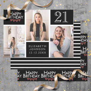 Trendy Black White Photo Collage 21st Birthday Wrapping Paper Sheet