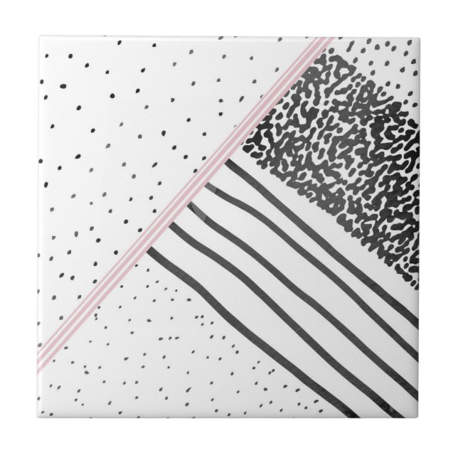 Trendy black white pink stripes dots pattern tile (Front)