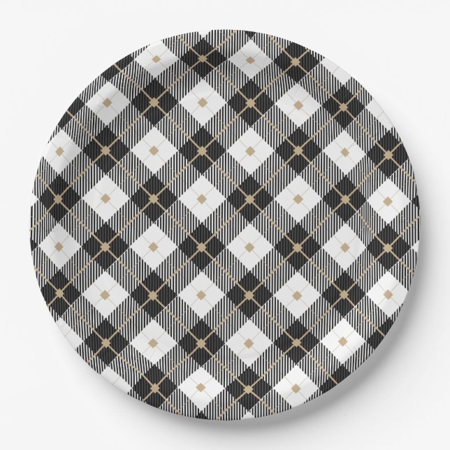 Trendy Black White Plaid Pattern Paper Plate (Front)