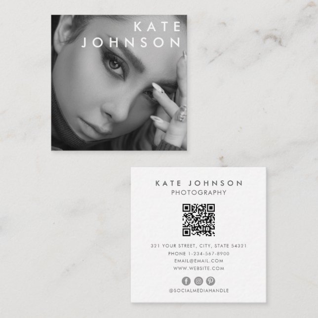 Trendy Black White Professional Photo QR Code Square Business Card (Front/Back)
