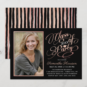 Trendy Black, White & Rose Gold Graduation Party Invitation