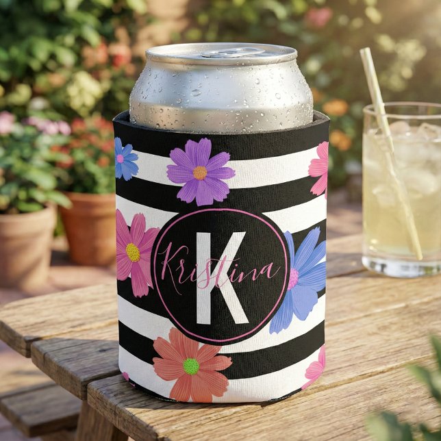 Trendy Black & White Stripe Floral Monogram Can Cooler (Creator Uploaded)