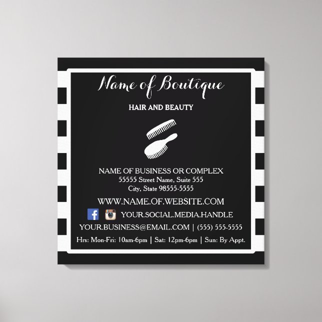 Trendy Black White Stripes Salon Information Sign (Front)