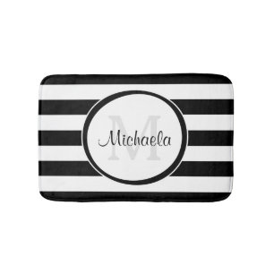 Trendy Black White Stripes With Monogram and Name Bath Mat