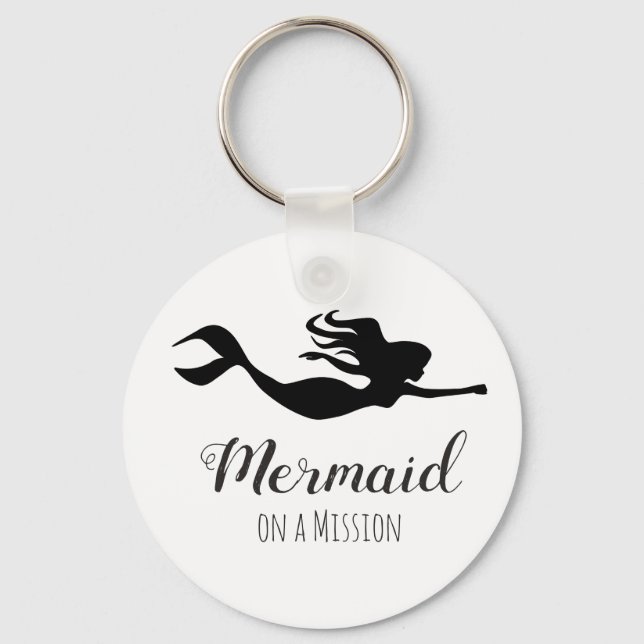 Trendy Black & White Superhero Mermaid on Mission Keychain (Front)