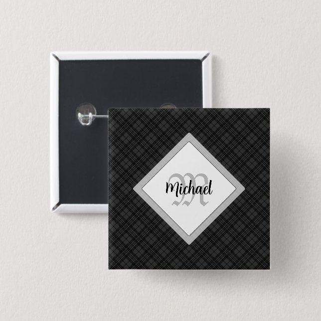 Trendy Black white tartan Personalize Monogram 2 Inch Square Button (Front & Back)