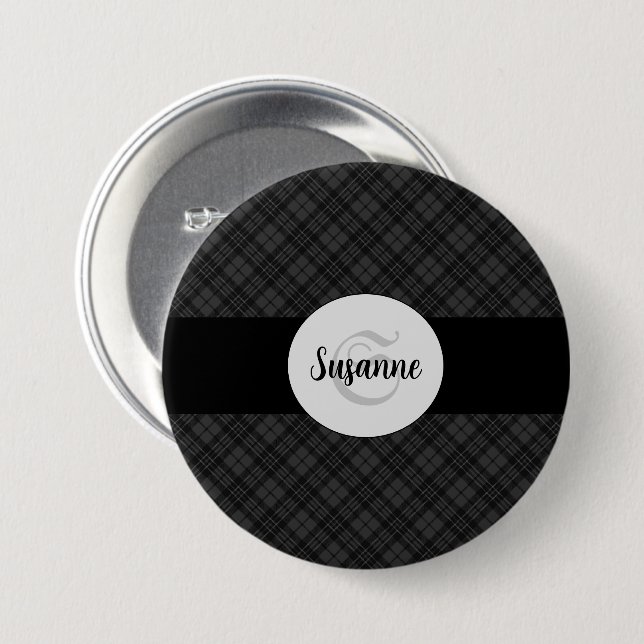 Trendy Black white tartan Personalize Monogram 3 Inch Round Button (Front & Back)