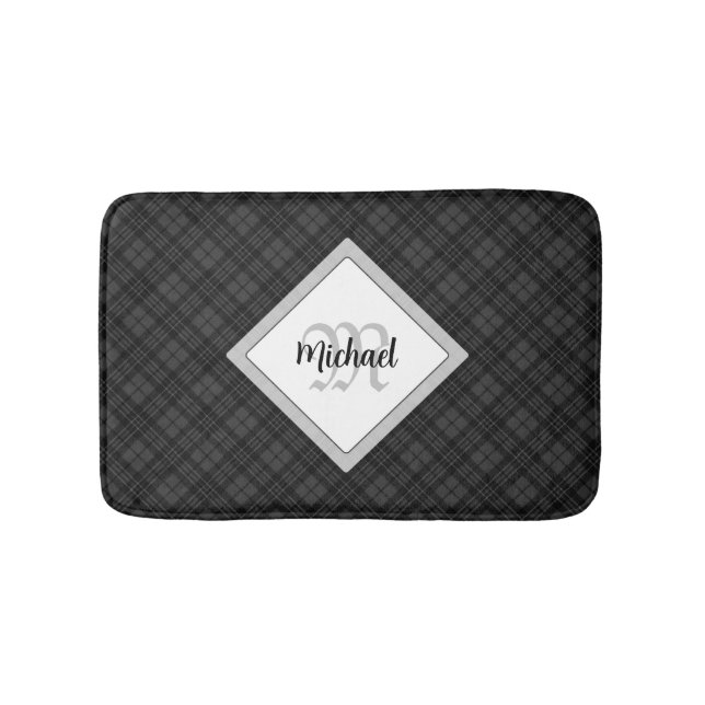 Trendy Black white tartan Personalize Monogram Bath Mat (Front)