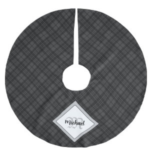 Trendy Black white tartan Personalize Monogram Brushed Polyester Tree Skirt