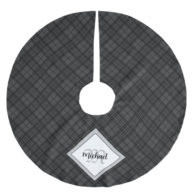 Trendy Black white tartan Personalize Monogram Brushed Polyester Tree Skirt (Front)