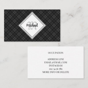 Trendy Black white tartan Personalize Monogram Business Card