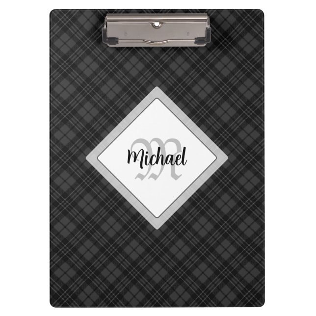 Trendy Black white tartan Personalize Monogram Clipboard (Front)