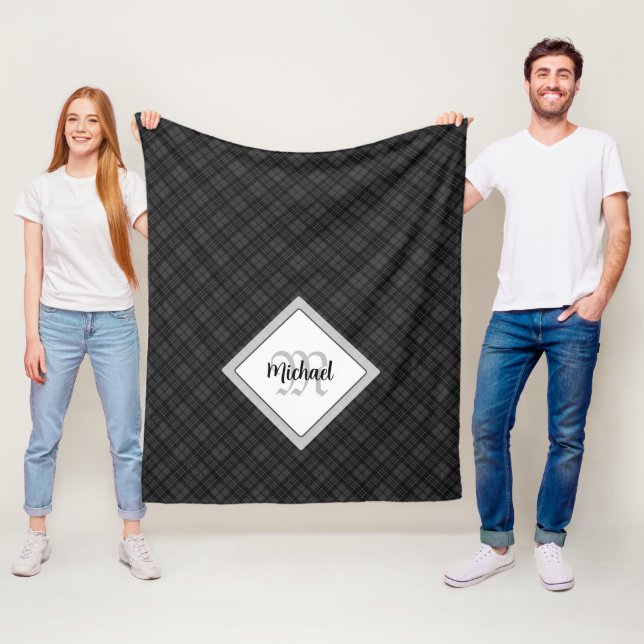 Trendy Black white tartan Personalize Monogram Fleece Blanket (In Situ)