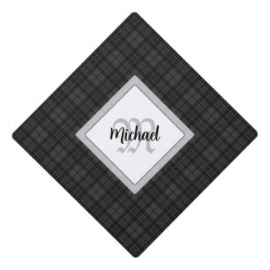 Trendy Black white tartan Personalize Monogram Graduation Cap Topper