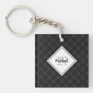 Trendy Black white tartan Personalize Monogram Keychain