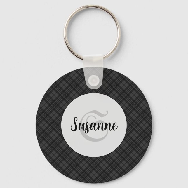 Trendy Black white tartan Personalize Monogram Keychain (Front)
