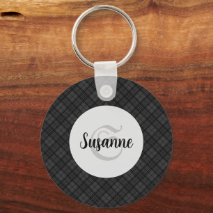 Trendy Black white tartan Personalize Monogram Keychain
