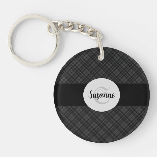 Trendy Black white tartan Personalize Monogram Keychain (Front)