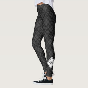 Trendy Black white tartan Personalize Monogram Leggings