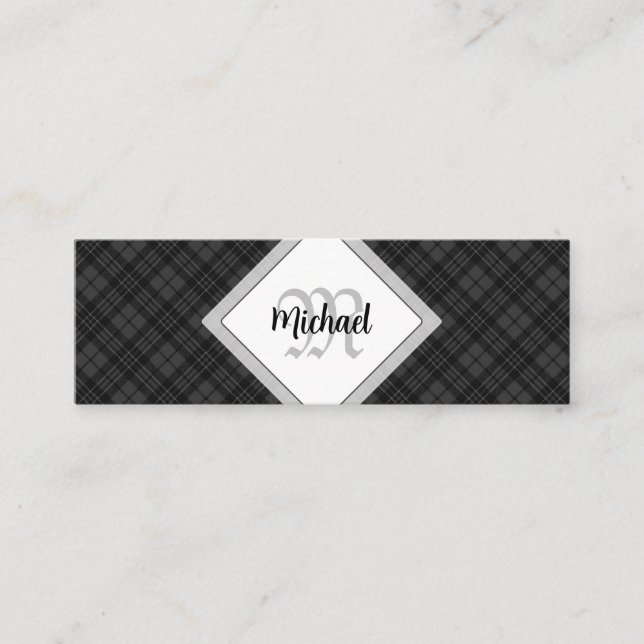 Trendy Black white tartan Personalize Monogram Mini Business Card (Front)
