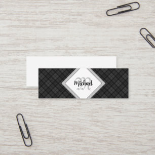Trendy Black white tartan Personalize Monogram Mini Business Card