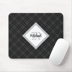Trendy Black white tartan Personalize Monogram Mouse Pad