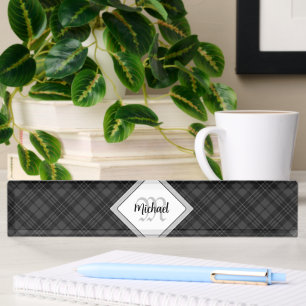 Trendy Black white tartan Personalize Monogram Nameplate