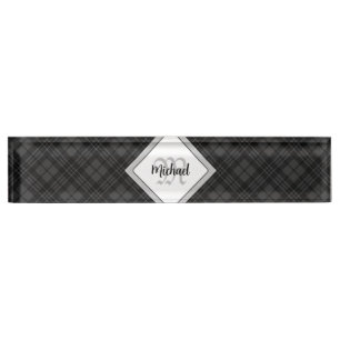 Trendy Black white tartan Personalize Monogram Nameplate