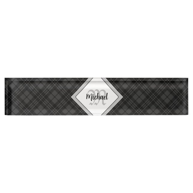 Trendy Black white tartan Personalize Monogram Nameplate (Front)