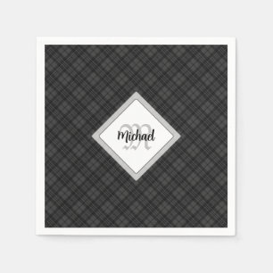 Trendy Black white tartan Personalize Monogram Napkin