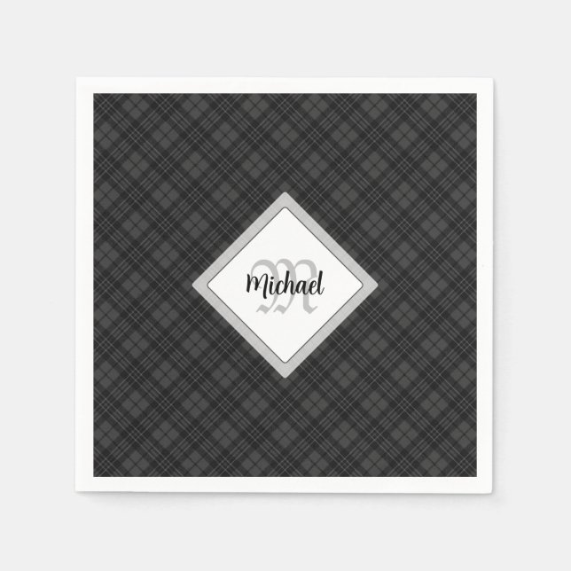 Trendy Black white tartan Personalize Monogram Napkin (Front)