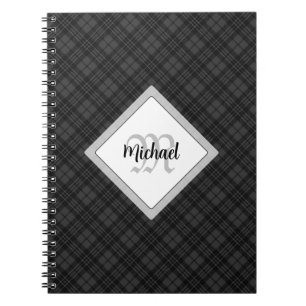 Trendy Black white tartan Personalize Monogram Notebook
