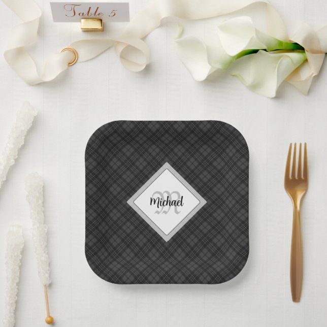 Trendy Black white tartan Personalize Monogram Paper Plate (Wedding)
