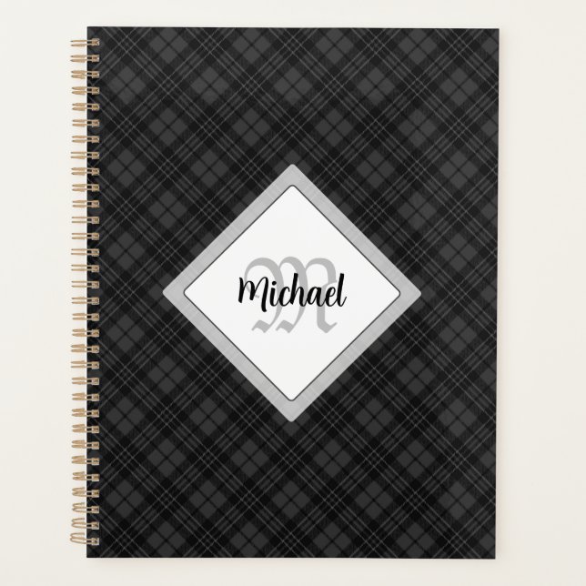 Trendy Black white tartan Personalize Monogram Planner (Front)