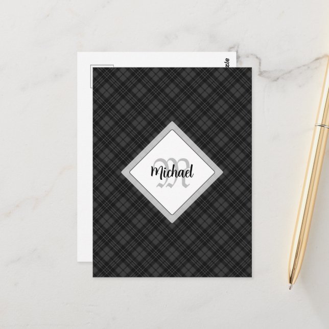 Trendy Black white tartan Personalize Monogram Postcard (Front/Back In Situ)